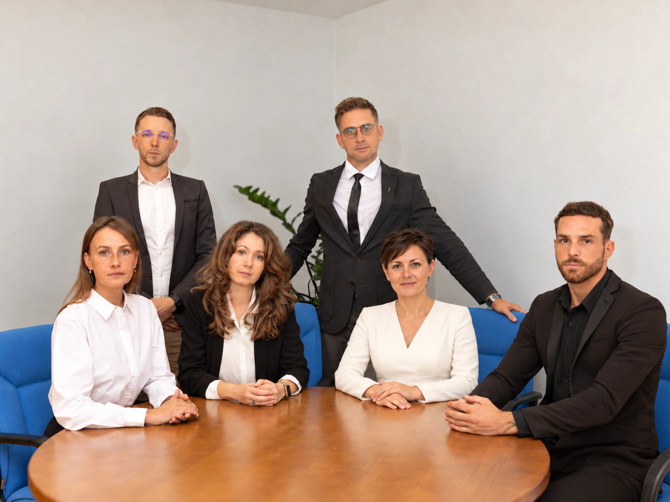 Il team di sei consulenti attorno al tavolo della sala riunioni, quattro seduti e due in piedi