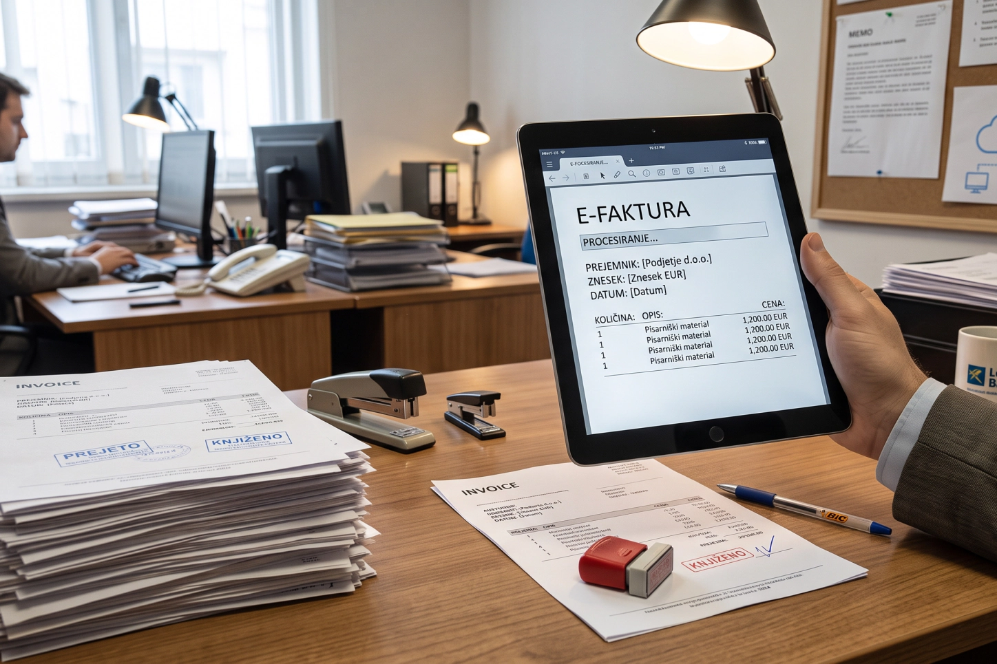 Una mano tiene un tablet con una eFaktura accanto a una pila di fatture su una scrivania