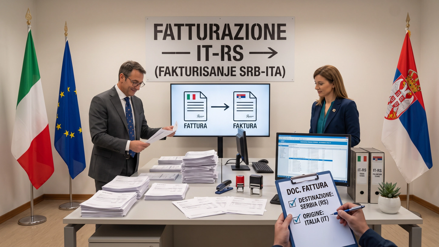 Due professionisti sotto un cartello sulla fatturazione tra Italia e Serbia, tra le bandiere italiana, europea e serba