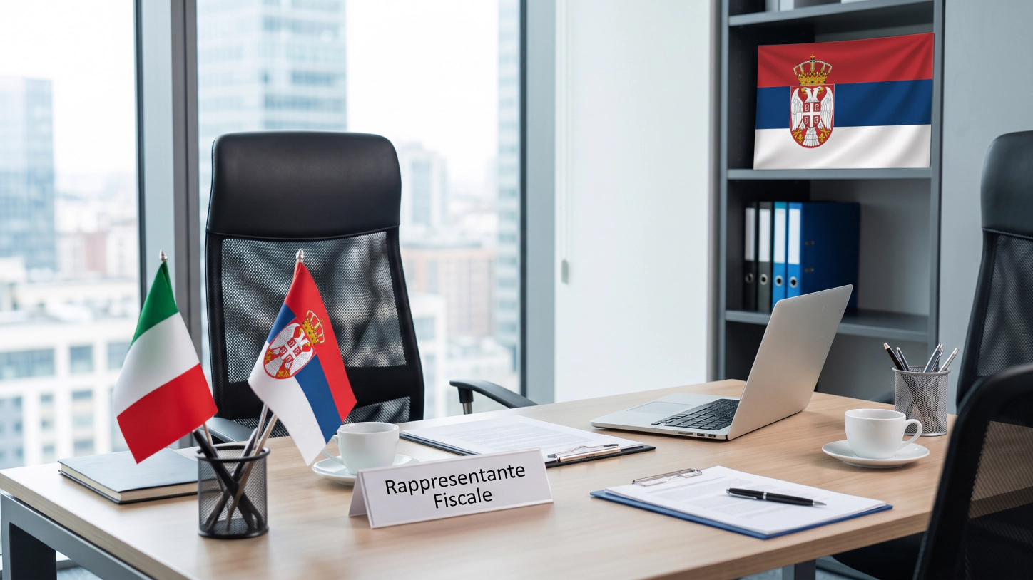 Una scrivania con le bandierine italiana e serba e una targhetta «Rappresentante Fiscale»